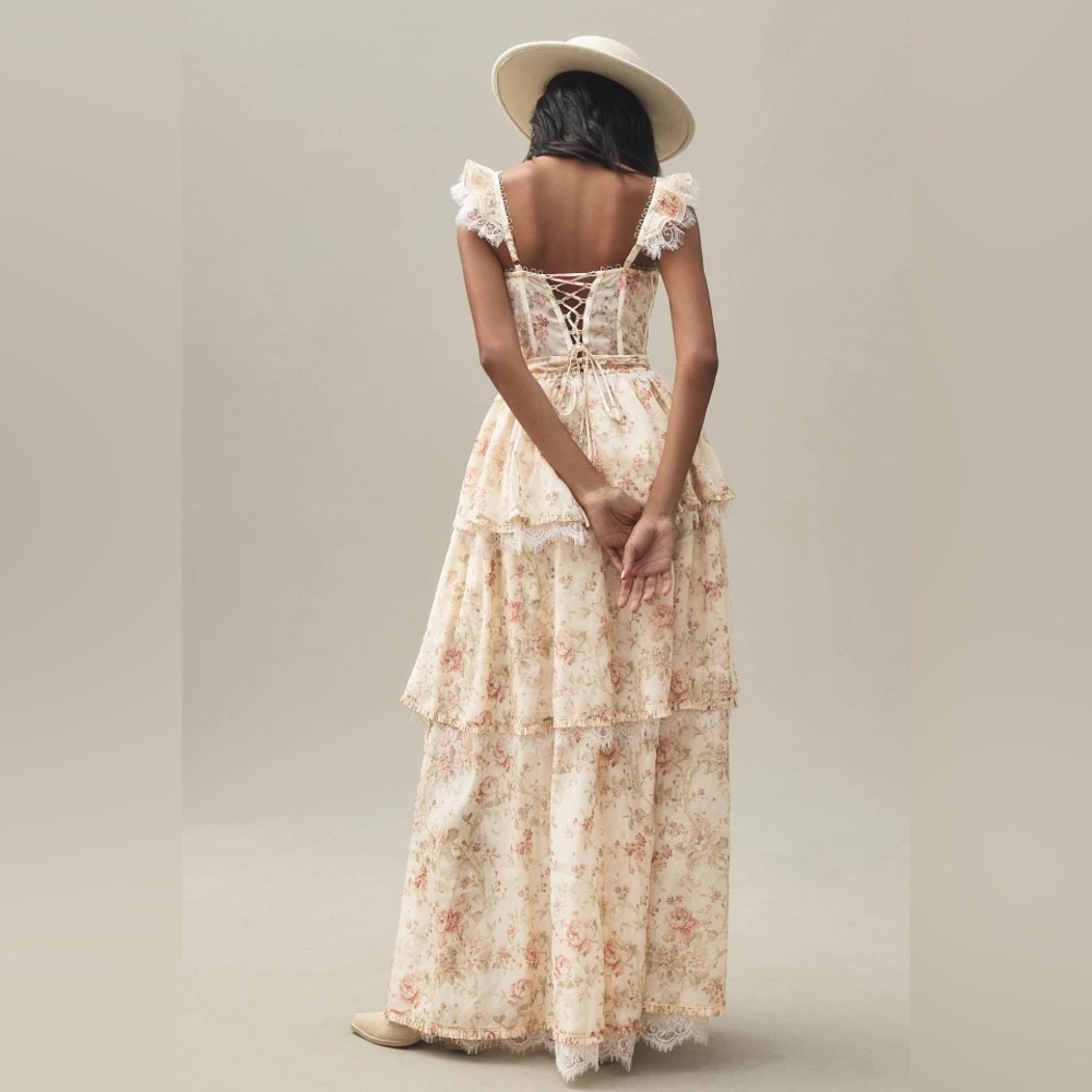 Anthropologie V. Chapman Jolie Corset Ruffle Lace Maxi Gown - Picture 2 of 13